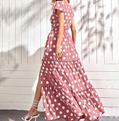Polka Dot Dress with Split V-neck Design