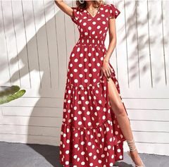 Polka Dot Dress with Split V-neck Design